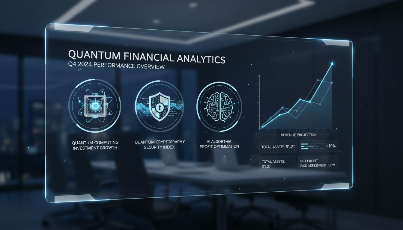 이온트랩 양자컴퓨터, 양자암호 보안, AI 기술을 상징하는 3가지 아이콘이 띄워진 기업 분석 대시보드