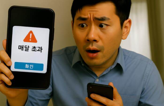 청년이 스마트폰 화면의 &lsquo;매달 초과&rsquo; 경고 알림을 확인.