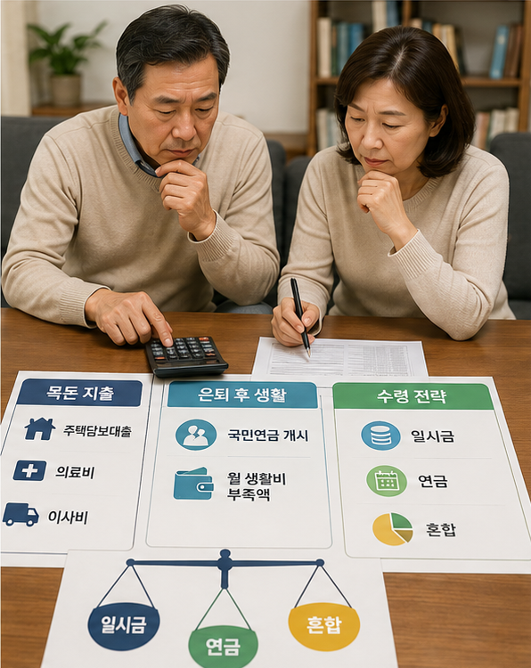 50대 부부가 퇴직금 일시금 연금 수령에 따른 노후 생활비를 비교하는 모습
