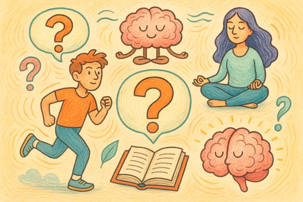 물음표와 함께 스트레스 해소를 상징하는 조깅, 명상, 뇌파 관련 아이콘이 조합된 FAQ 안내용 색연필 스타일 일러스트