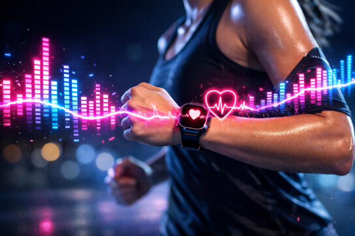 심박수 데이터가 실시간으로 음악의 BPM과 동기화되는 바이오 피드백 기술 시각화 이미지.