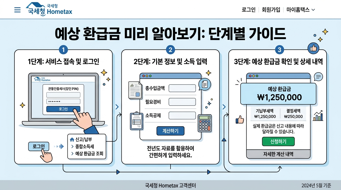 홈택스 홈페이지에서 예상 환급금을 미리 조회하는 단계별 가이드 화면 이미지