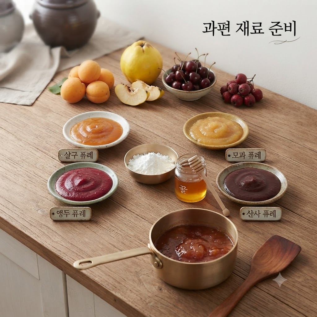 과편 재료 준비를 위해 살구, 모과, 앵두, 산사 퓨레와 녹말 가루, 꿀, 조리용 냄비가 나무 테이블 위에 정돈된 모습