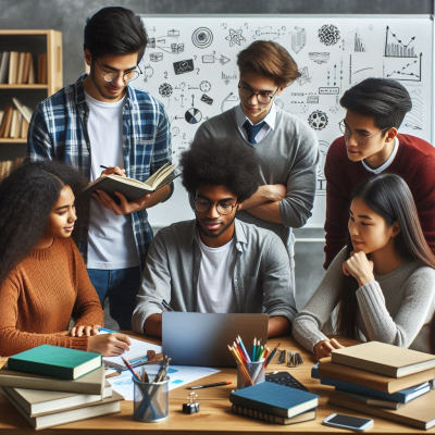 남녀 학생들이 책을 펼쳐놓고 학습하며 노트북을 활용하는 모습.
