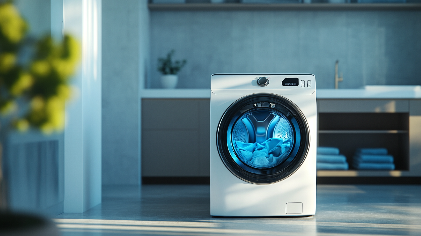 현대적인 세탁실에 위치한 삼성 WF24T8000KV 모델의 세탁기, 첨단 세탁 기술과 정밀한 고화질 세부 사항이 강조됨