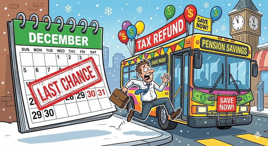 12월 달력 위에 '막차 탑승 성공' 도장이 찍히고, 돈주머니(추가납입)가 더해지는 일러스트