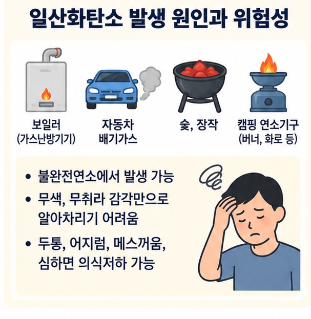 일산화탄소와 이산화탄소의 차이와 불완전연소 발생 원인을 설명한 이미지