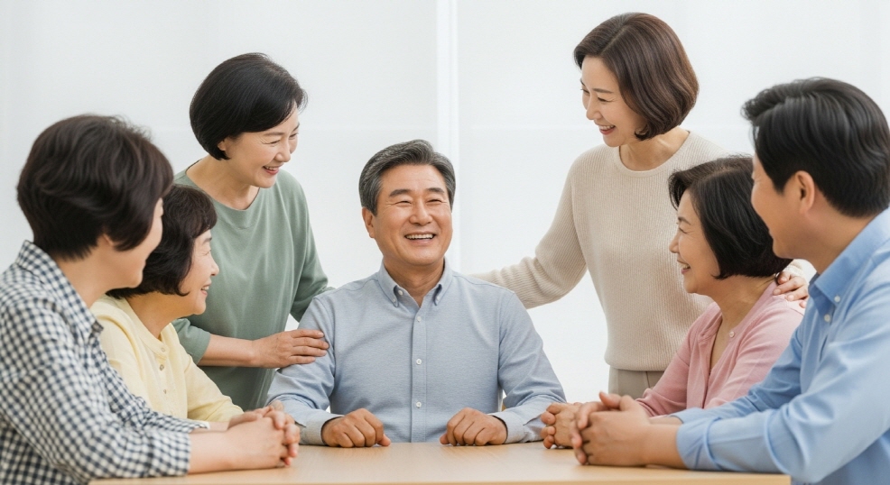 가족과 함께 웃으며 앉아있는 한국인 중년 남성