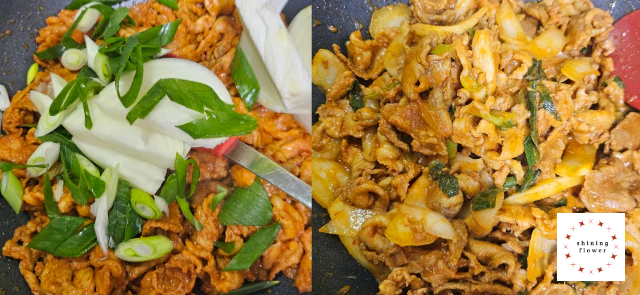 왼쪽은 고기볶음에 야채투하-오른쪽은 야채넣고 볶음 완료