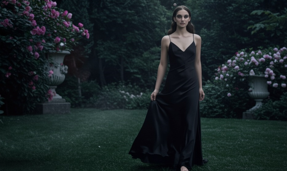 달빛 아래 검은 드레스를 입은 여인