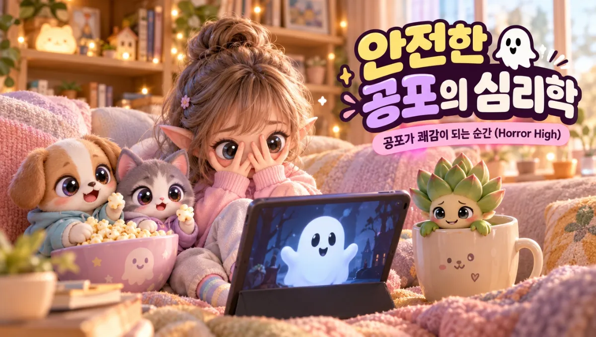안전한 공포의 심리학 &mdash; 쿠션 위 미니미 캐릭터들이 무서운 영상을 손가락 틈으로 훔쳐보며 팝콘을 나눠 먹는 파스텔 톤 일러스트