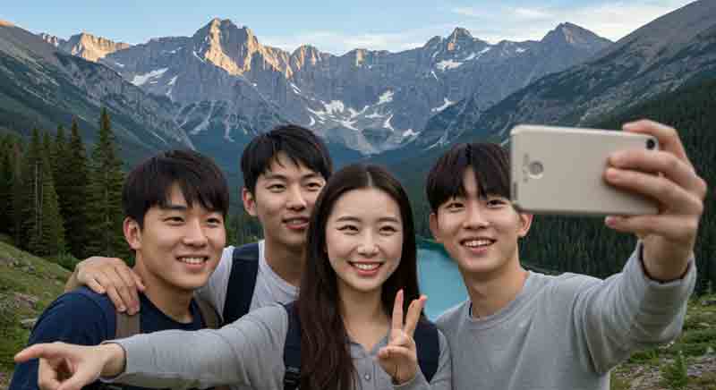 로키산맥을 배경으로 셀카를 촬영하고 있는 젊은이들
