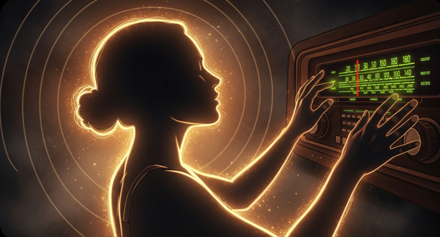 라디오 주파수 다이얼을 맞추는 빛나는 에너지를 뿜어내는 사람의 실루엣 사진