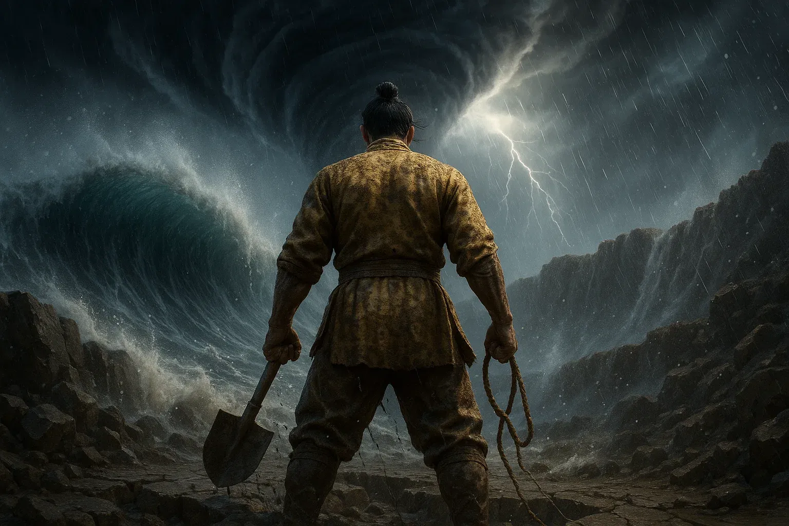 거대한 홍수에 맞서 홀로 둑을 쌓으려 고군분투하는 곤의 뒷모습을 담은 상징적인 이미지. 비장함과 무모함이 동시에 느껴지는 분위기