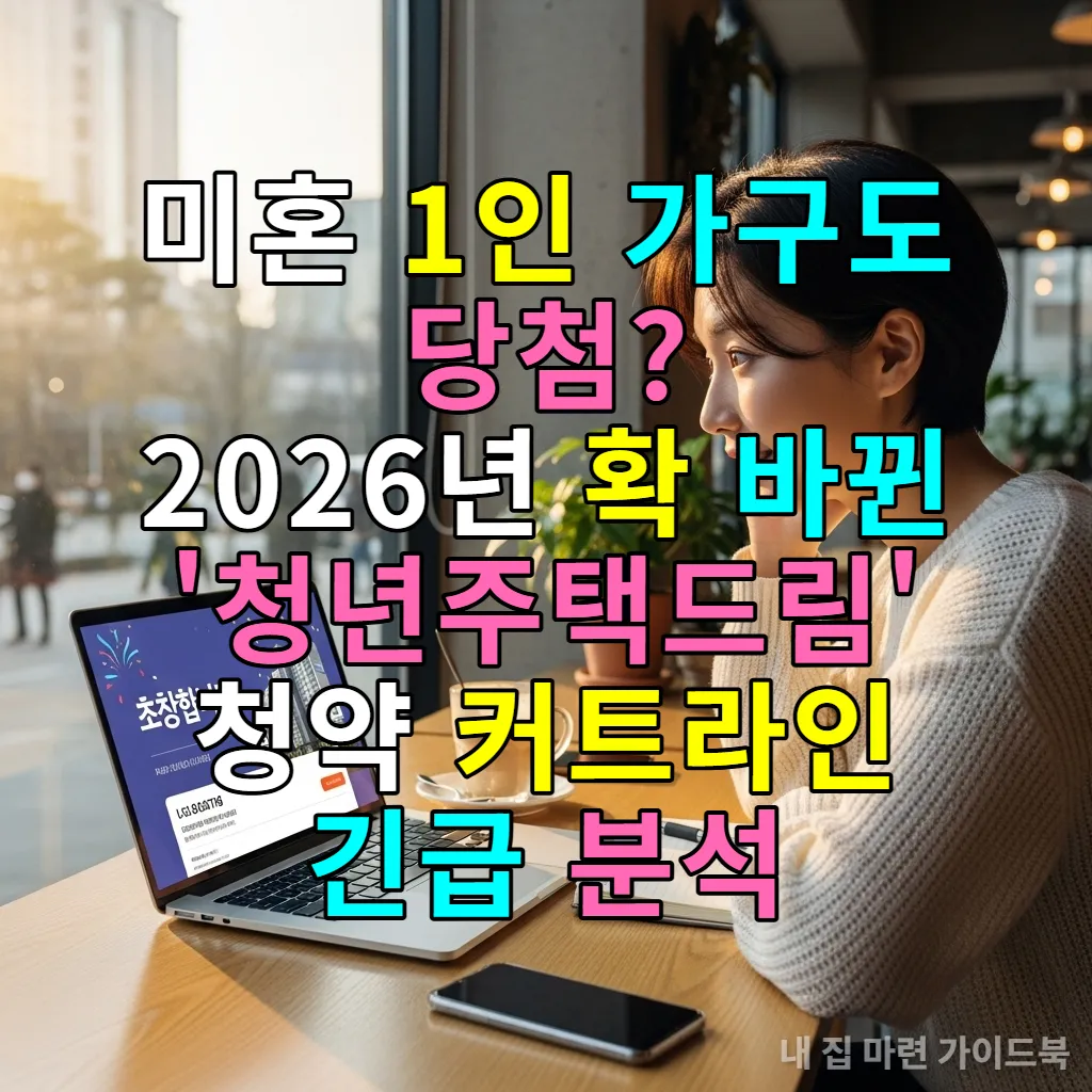 서울 카페에서 노트북으로 청약 당첨 소식을 확인하며 기뻐하는 한국 청년의 모습