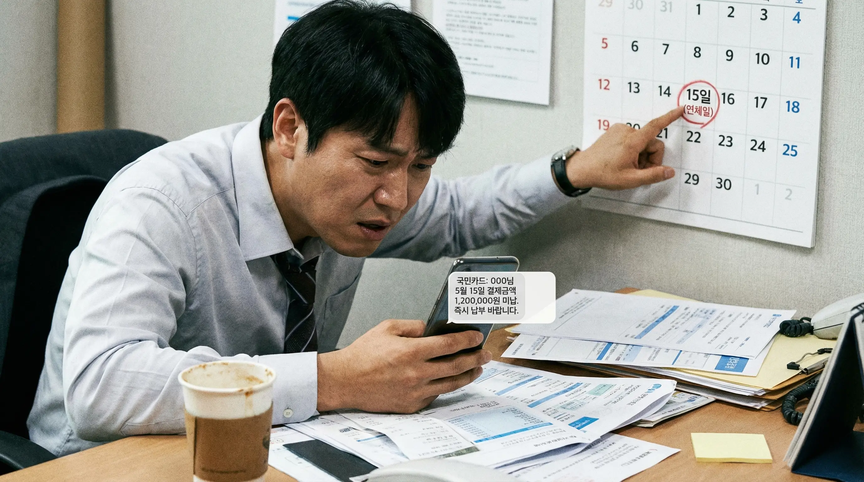 카드값 연체 독촉 문자를 받고 불안해하며 달력의 날짜를 체크하는 긴박한 모습