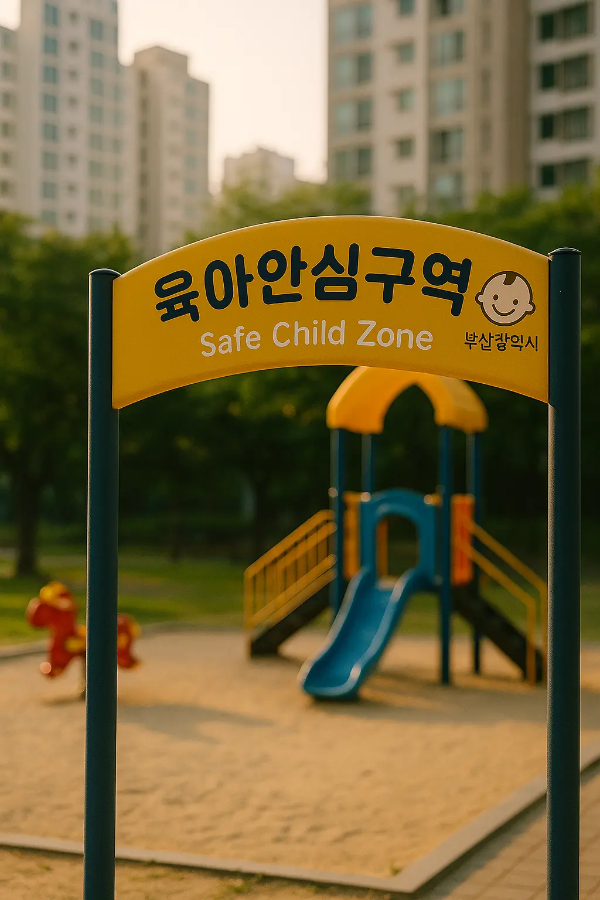 부산시 '육아안심구역' 아치형 안내 표지판이 입구에 설치된 놀이터 전경, 파란 미끄럼틀과 도심 배경이 어우러진 사물 중심 이미지, 텍스트 없음