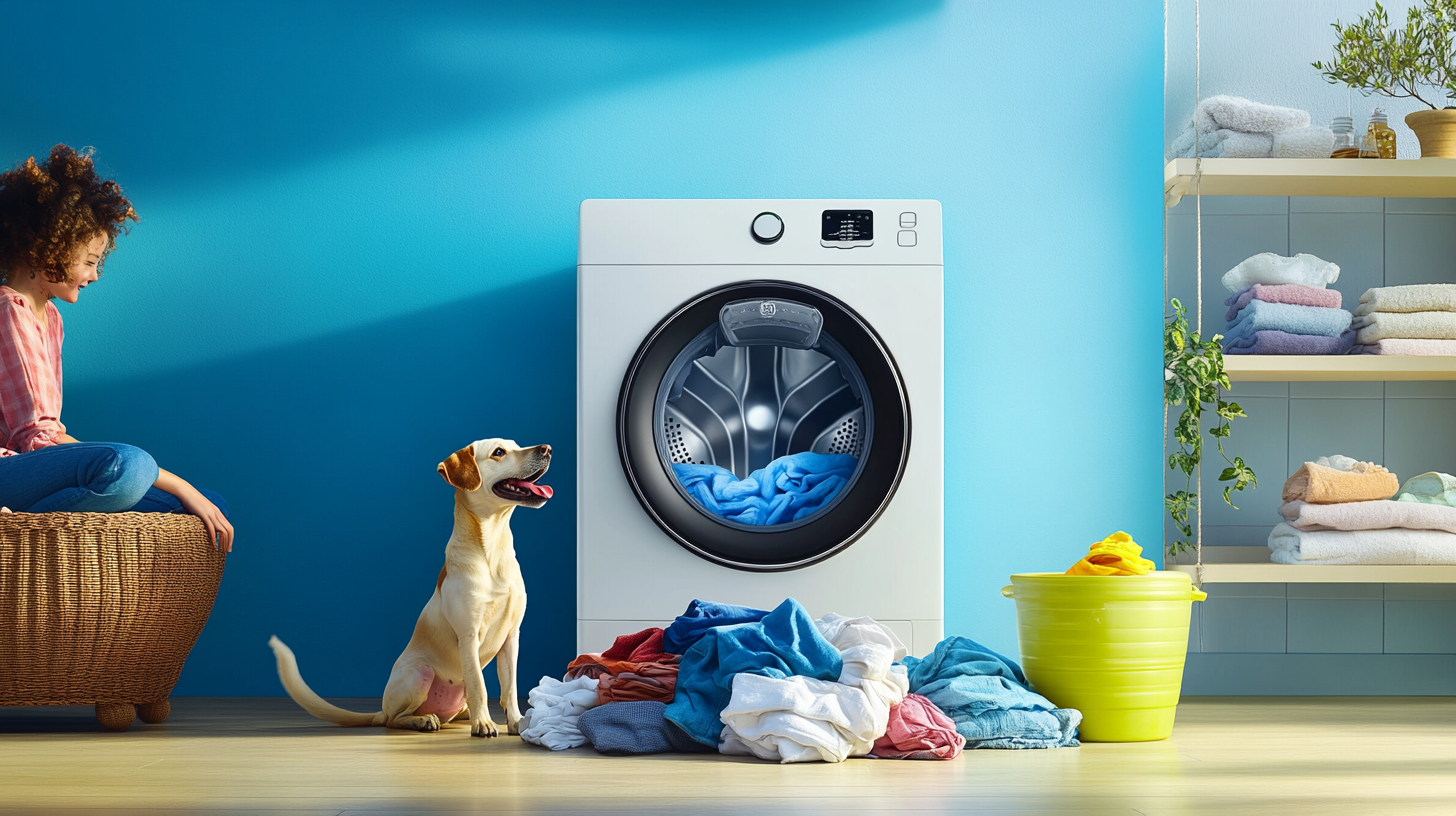 삼성 WF24D20CVVC의 펫케어 사이클 덕분에 깨끗한 빨래와 즐거운 반려견과 함께 빨래날을 만끽하는 가족의 모습입니다.