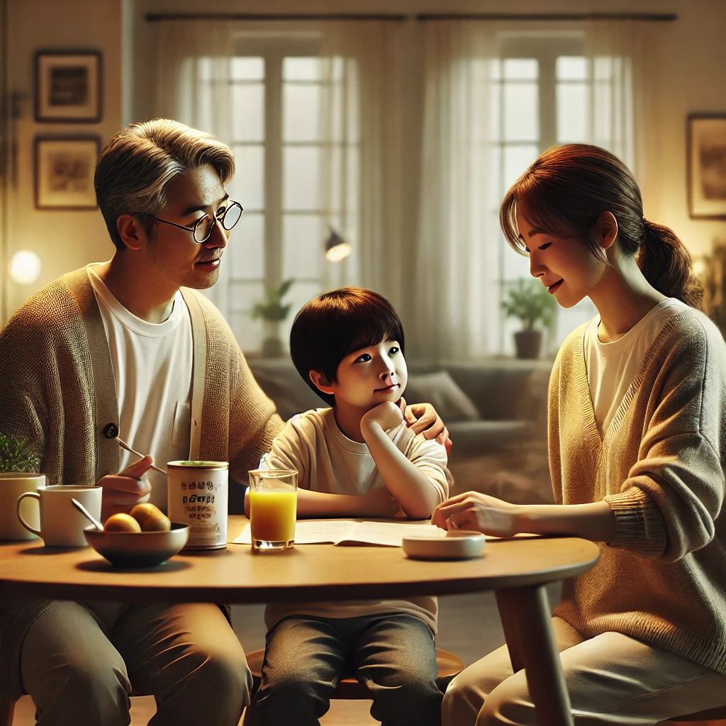 아이에게 이해와 용서를 가르치며 성장을 돕는 따뜻한 장면을 묘사합니다. 부모의 지지와 사랑이 느껴지는 환경 속에서 대화가 이루어지고 있습니다.