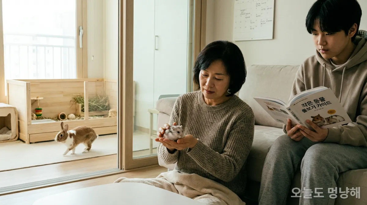 햄스터와 토끼를 책임감 있게 양육하는 모습을 보여주는 교육 및 관리 장면
