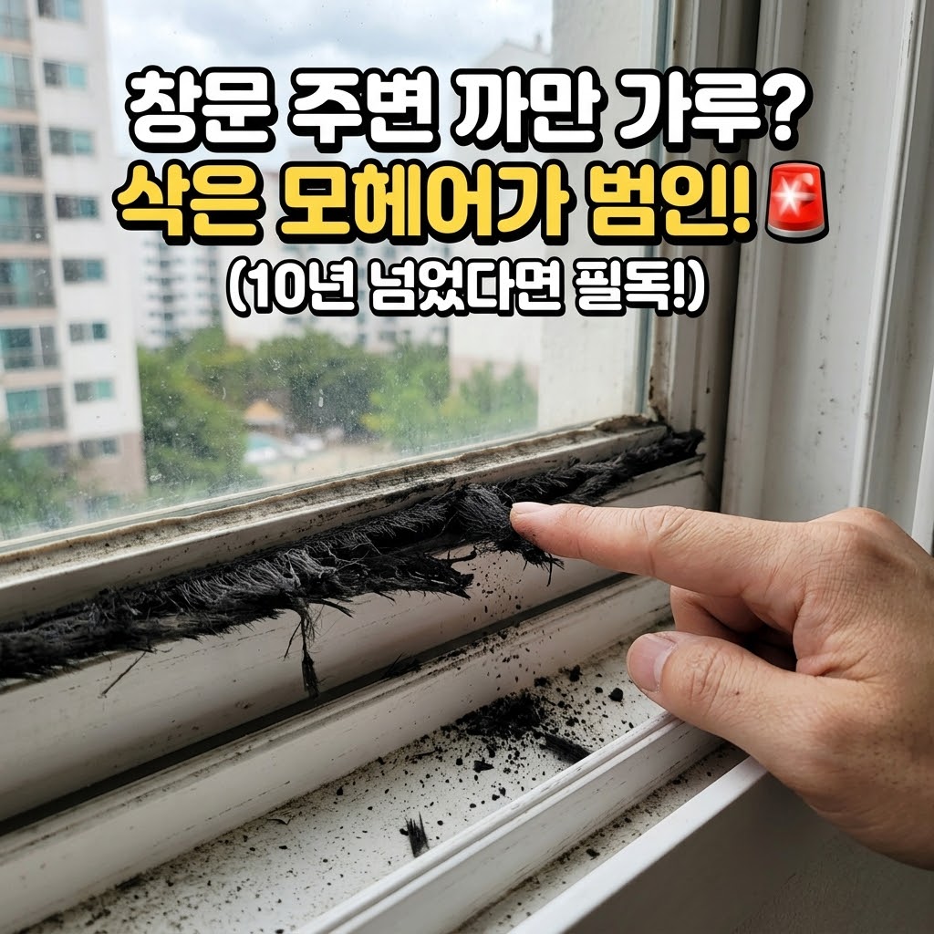 창문 주변 까만 가루의 충격적 정체와 샷시 모헤어 교체 1초 자가진단법