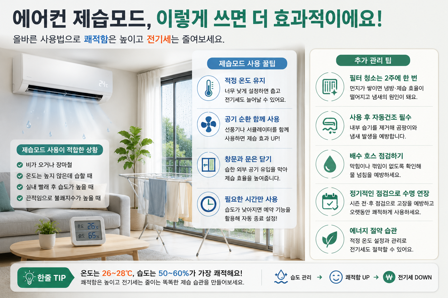 에어컨 제습모드 사용법과 적정 온도 습도 및 전기세 절약 팁을 정리한 인포그래픽