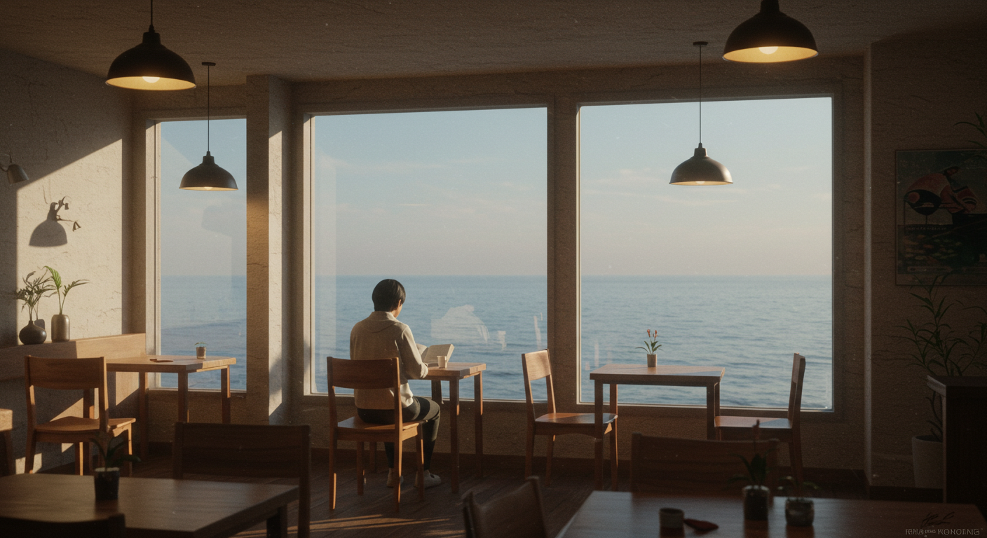 양양 인구해변 뷰 카페 창가에서 조용히 바다를 감상하는 모습