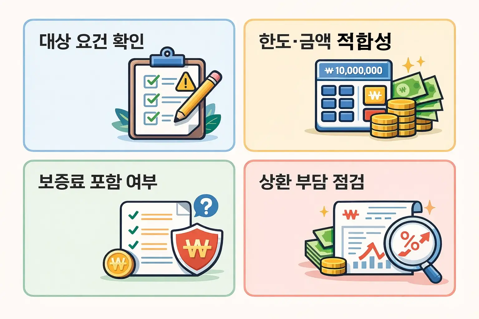 정부지원대출 신청 전 대상 요건, 한도, 보증료, 상환 부담까지 점검해야 할 핵심 선택 기준을 정리한 이미지입니다