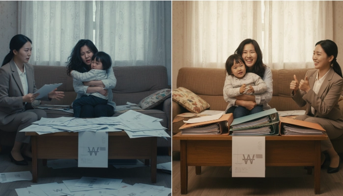 긴급복지 현장조사 전후 대비 이미지. 왼쪽에는 혼란스럽게 서류를 보는 한국인 가족과 진지한 조사관, 오른쪽에는 잘 정돈된 서류 앞에서 차분하고 자신감 있는 한국인 가족과 미소 짓는 조사관의 모습.