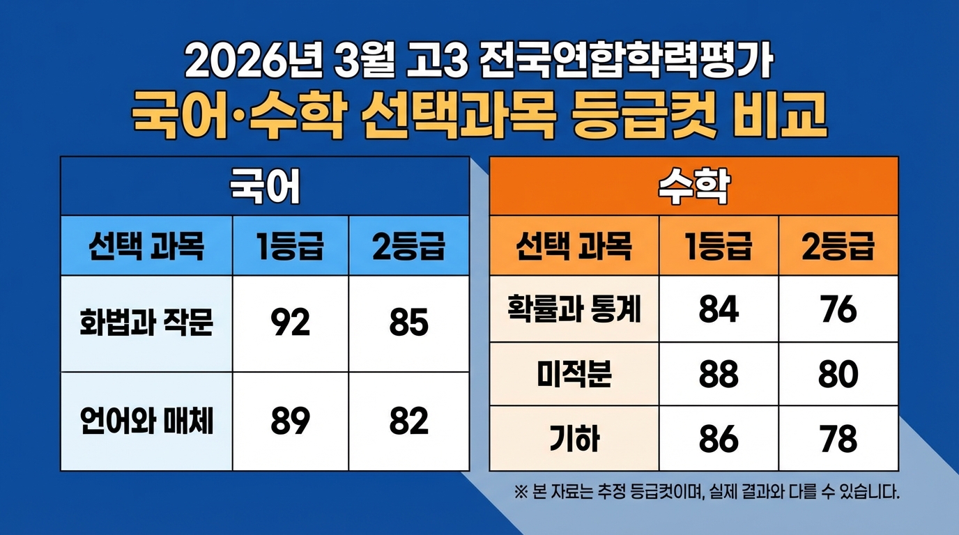 2026년 3월 고3 모의고사 국어와 수학 영역별 선택과목 등급컷 비교