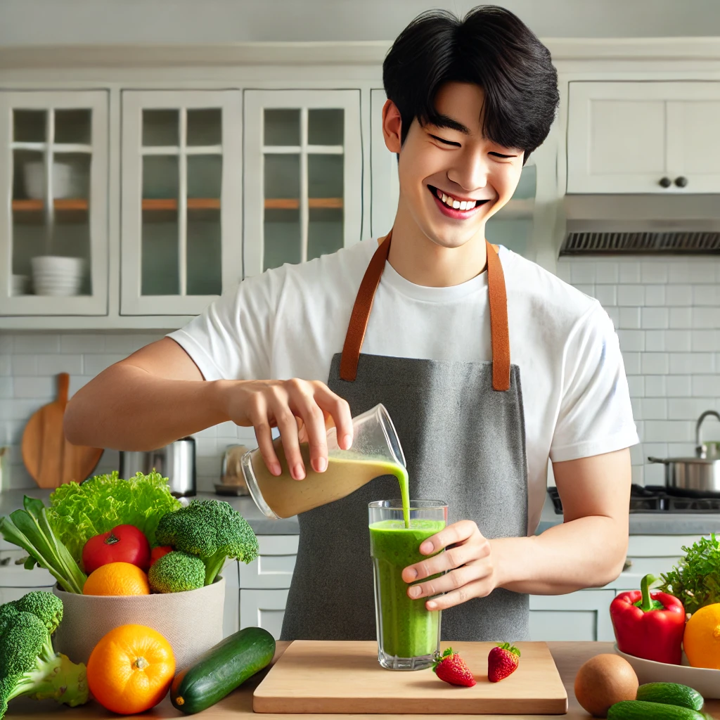 주방에서 신선한 재료로 건강한 스무디를 만들며 미소 짓는 젊은 남성