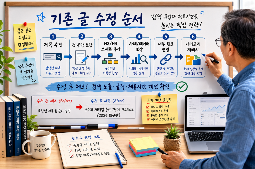 티스토리 기존 글 수정 전략으로 제목 첫 문단 소제목 내부 링크 카테고리를 정리하는 구조 이미지