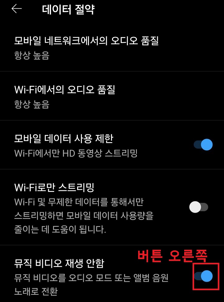 뮤직 비디오 재생안함 메뉴의 버튼 오른쪽으로 옮김
