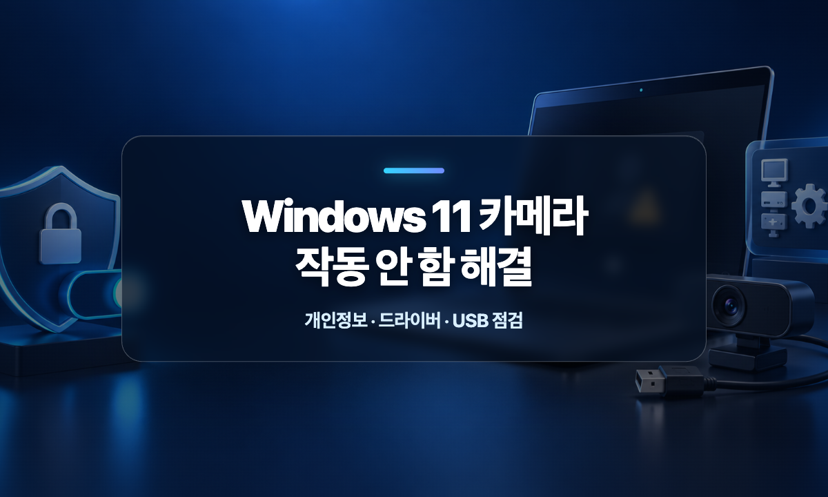 Windows 11 노트북 웹캠 오류와 개인정보 보호, USB, 드라이버 점검을 표현한 대표 이미지
