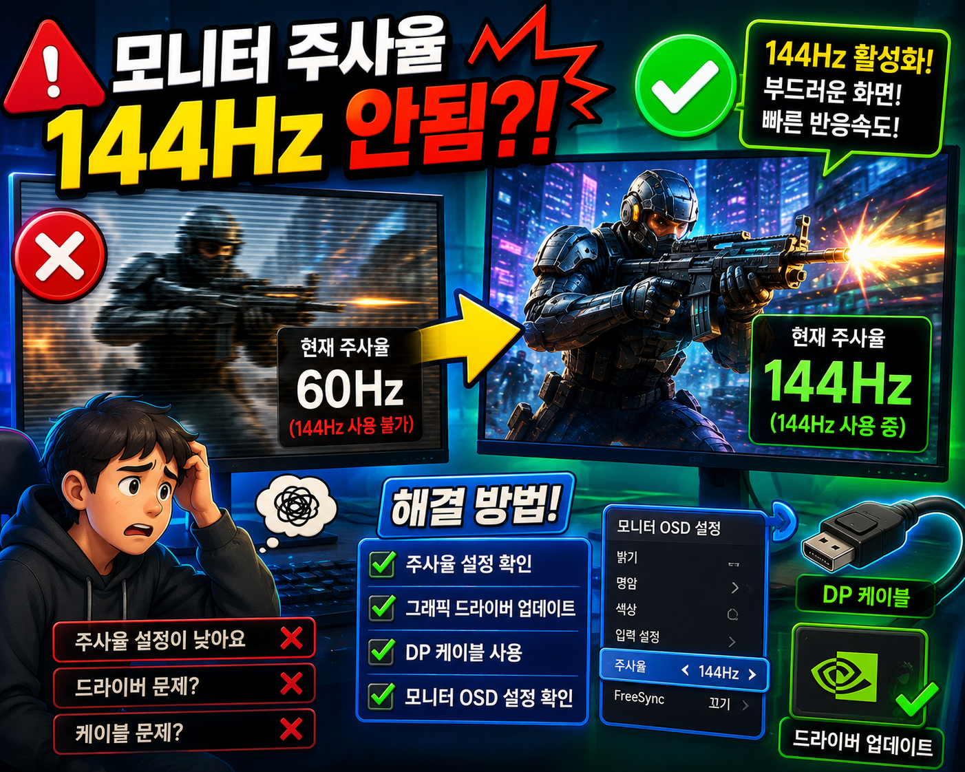 모니터 주사율 144hz 안됨 해결방법 총정리 고주사율 설정 안됨 60hz 고정 원인