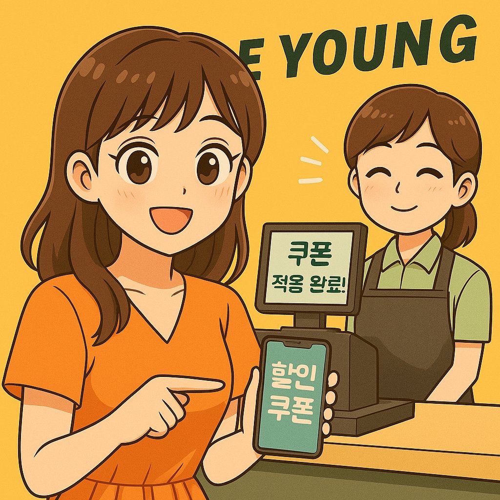 헤롱이가 계산대에서 민생회복 소비쿠폰을 적용한 모습의 만화풍 일러스트