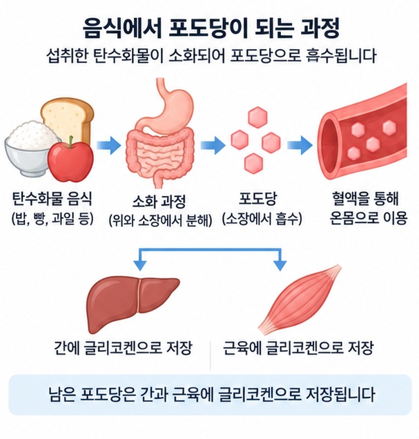 탄수화물이 소화되어 포도당으로 분해되고 혈액을 통해 세포로 이동하는 과정을 보여주는 이미지