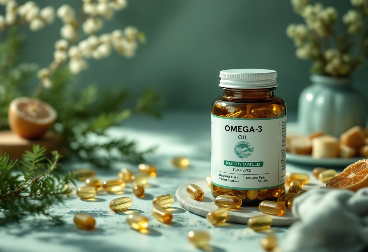 오메가3 건강 보조 식품 병과 노란색 캡슐