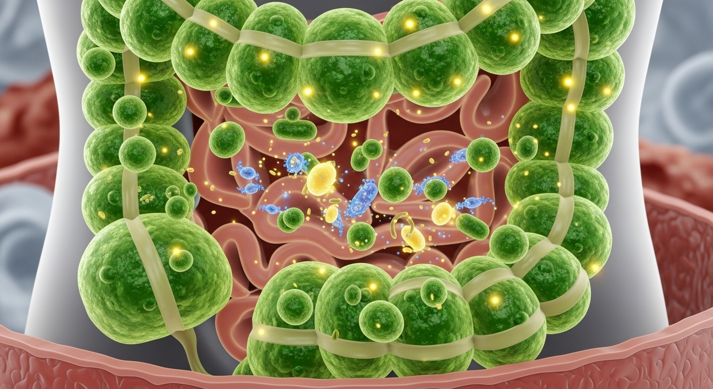 카무트 효소로 활성화된 건강한 장 내부 모습과 유익균들이 활발하게 활동하는 일러스트.
