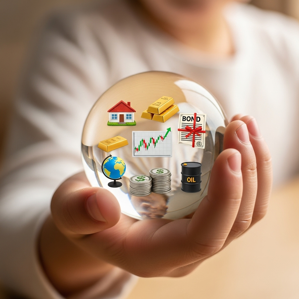 다양한 투자 자산 아이콘이 담긴 구슬을 아이의 손이 잡고 있는 이미지. 분산 투자를 통한 자녀 계좌 운용을 나타냅니다.