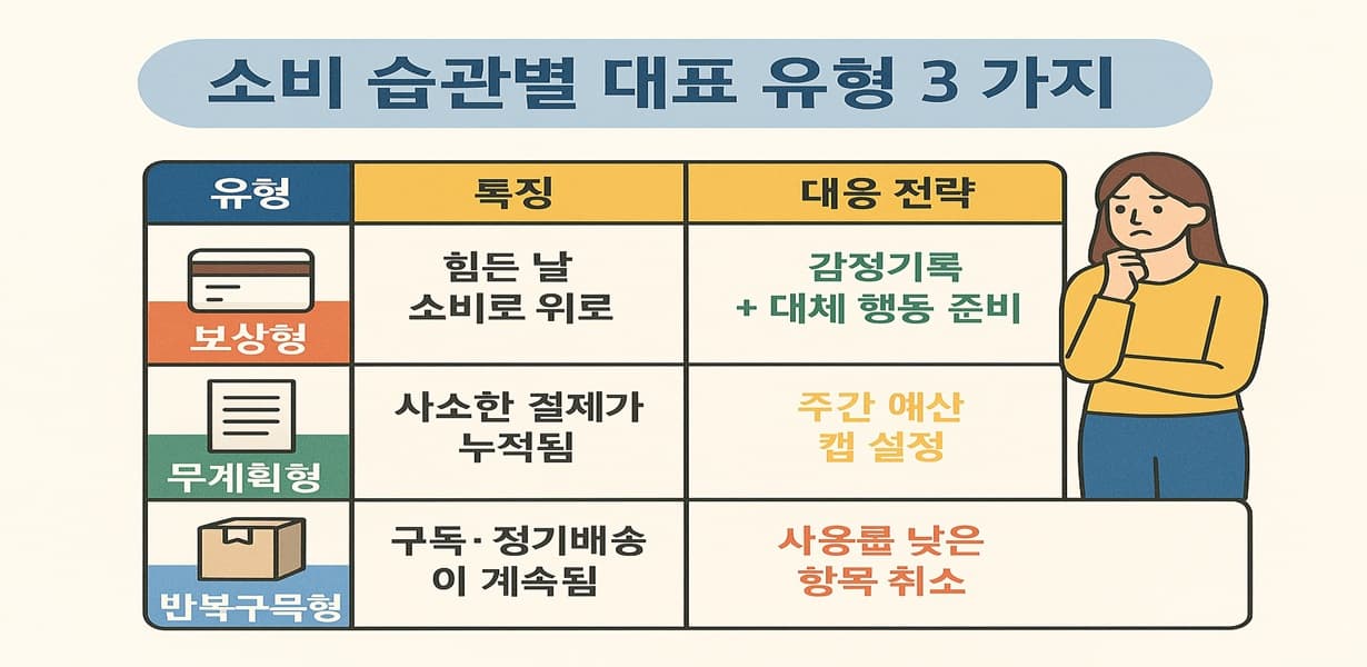 소비 습관 유형을 보상형, 무계획형, 반복구독형으로 나누고 각 특징과 대응 전략을 표로 정리한 인포그래픽