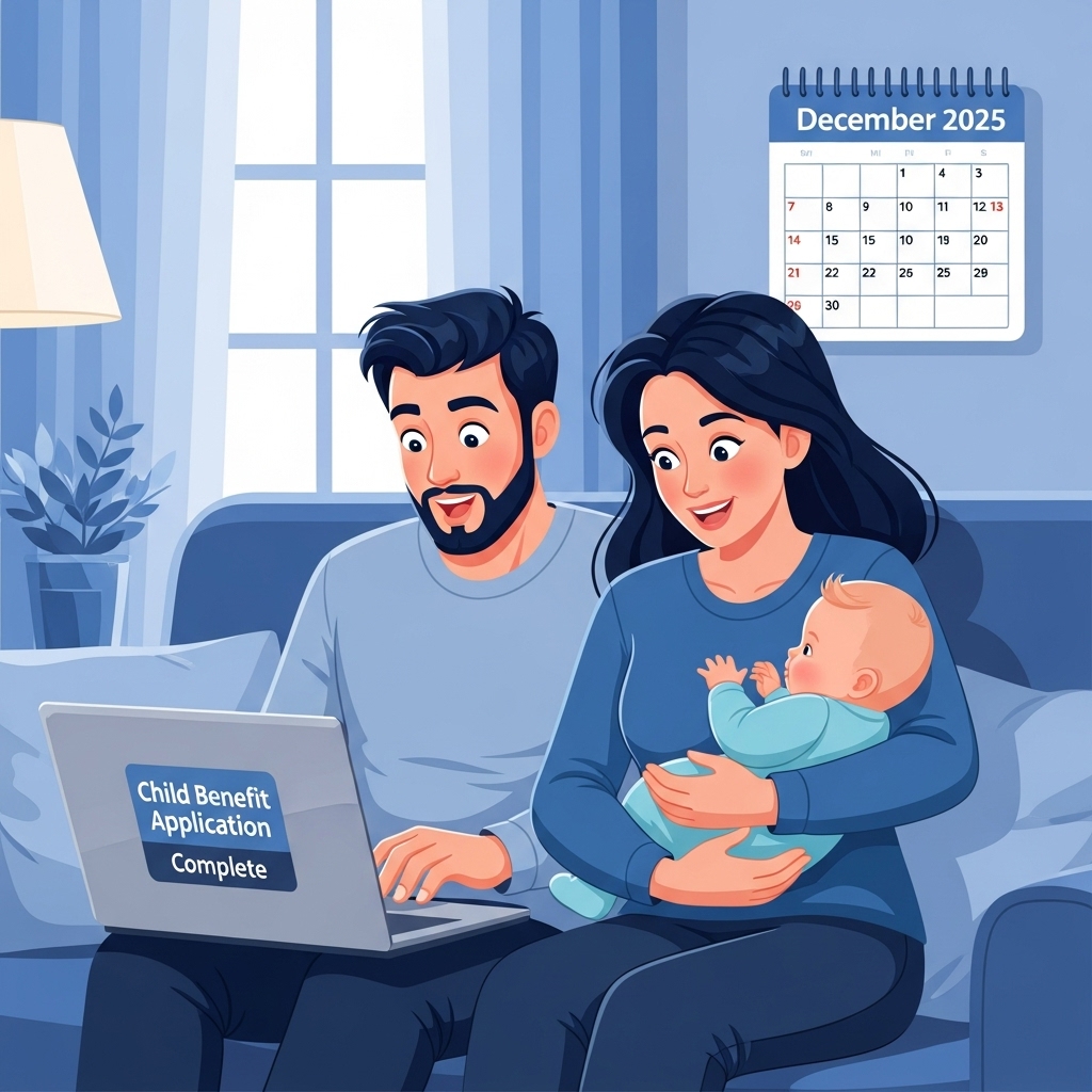 2025년 아동수당 신청을 마치고 환하게 웃고 있는 부모와 아기의 모습. 노트북 화면에는 아동수당 신청 완료 메시지가 보인다.