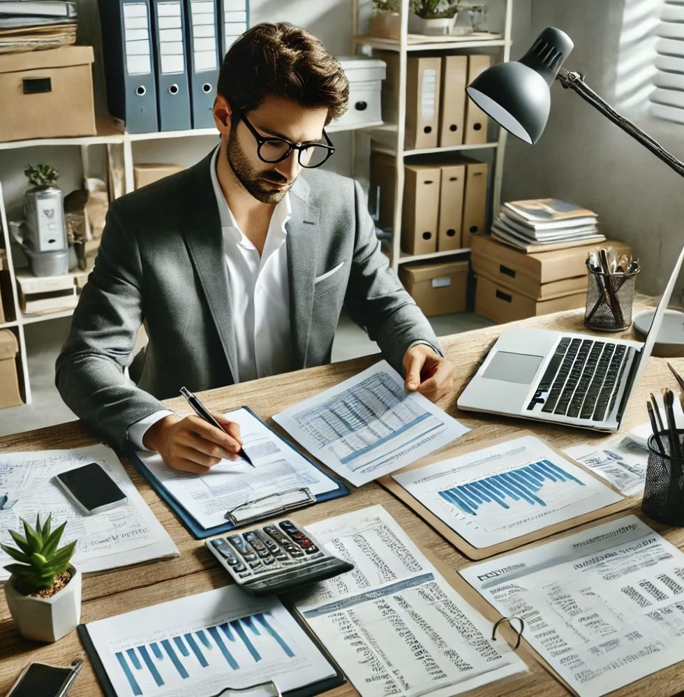 사업자가 세금 신고를 준비하며 재무 서류를 정리하는 장면