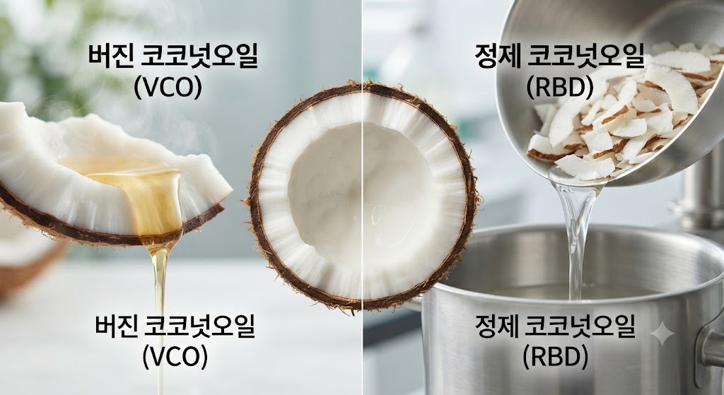 본문의 '코코넛오일이란 무엇인가' 파트입니다. 코코넛 열매의 구조를 보여주고, 얻는 방식에 따른 두 가지 기름을 비교합니다. 왼쪽은 신선한 과육을 저온 압착하여 향이 진하고 불투명한 '버진 코코넛오일(VCO)'을, 오른쪽은 말린 과육(코프라)을 정제하여 향이 없고 투명한 'RBD 코코넛오일'을 배치했습니다.