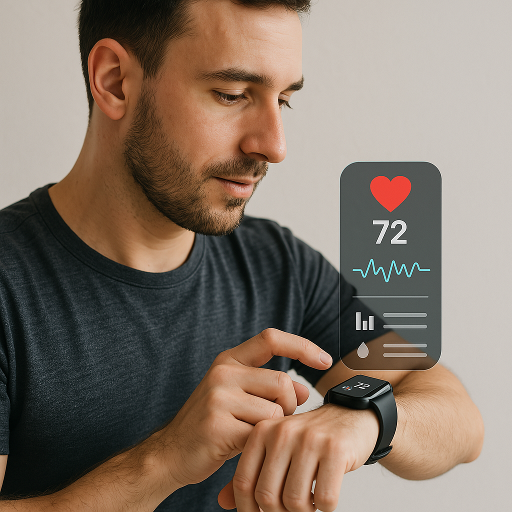 스마트워치나 피트니스 밴드를 착용하고 심박수나 건강 데이터를 실시간으로 확인하는 모습