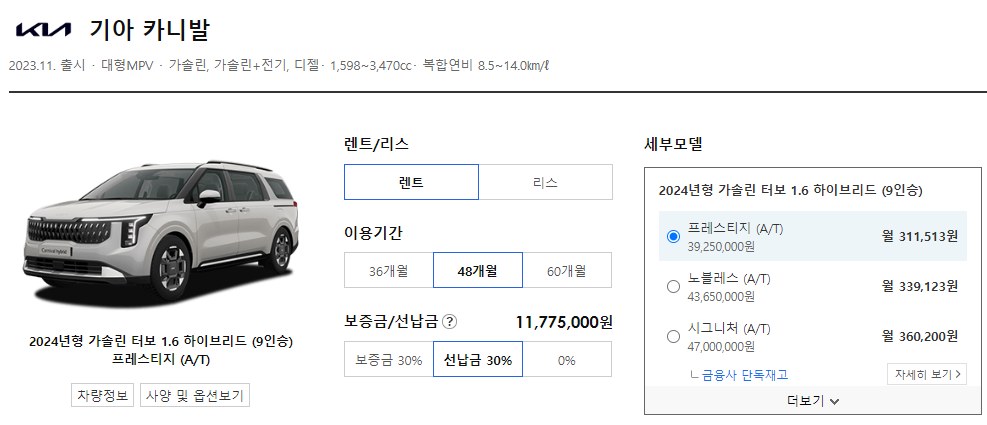 카니발 장기렌트 가격비교