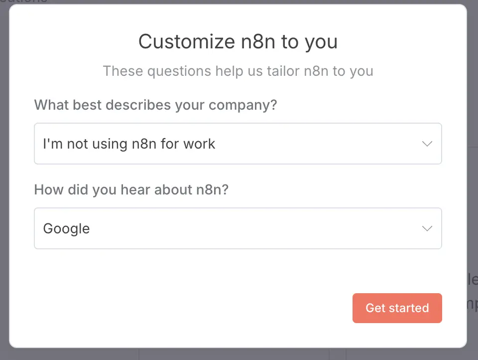 N8N 초기 접속 질문 화면