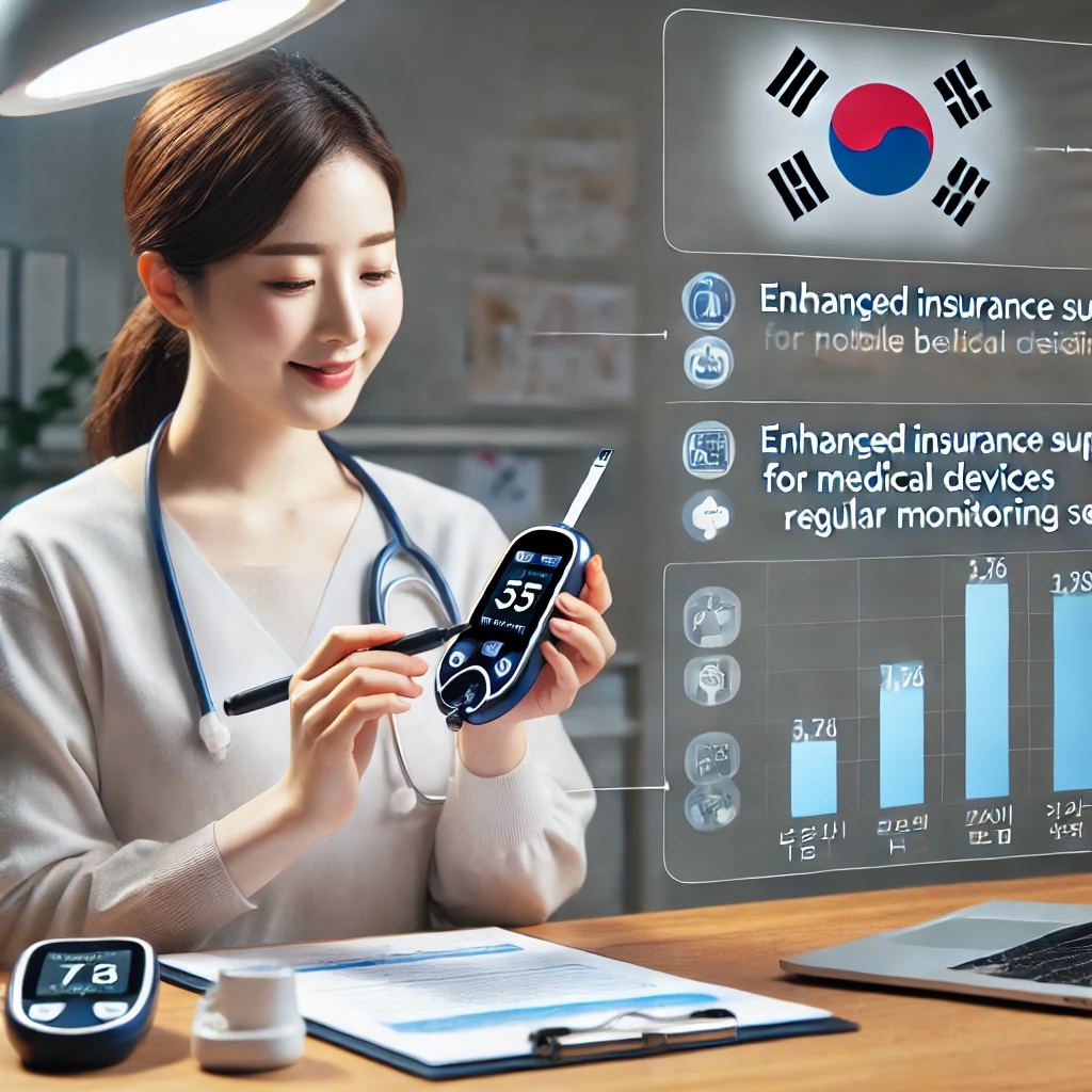의료 제공자가 환자에게 휴대용 혈당 측정기를 사용하는 모습&amp;#44; 의료 기기 지원 및 건강 모니터링 서비스 강화를 설명하는 한국어 차트 포함