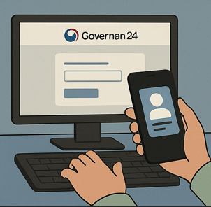 컴퓨터로 정부24 웹사이트에 로그인하며&amp;#44; 옆에 모바일 신분증이 표시된 스마트폰을 들고 있는 모습