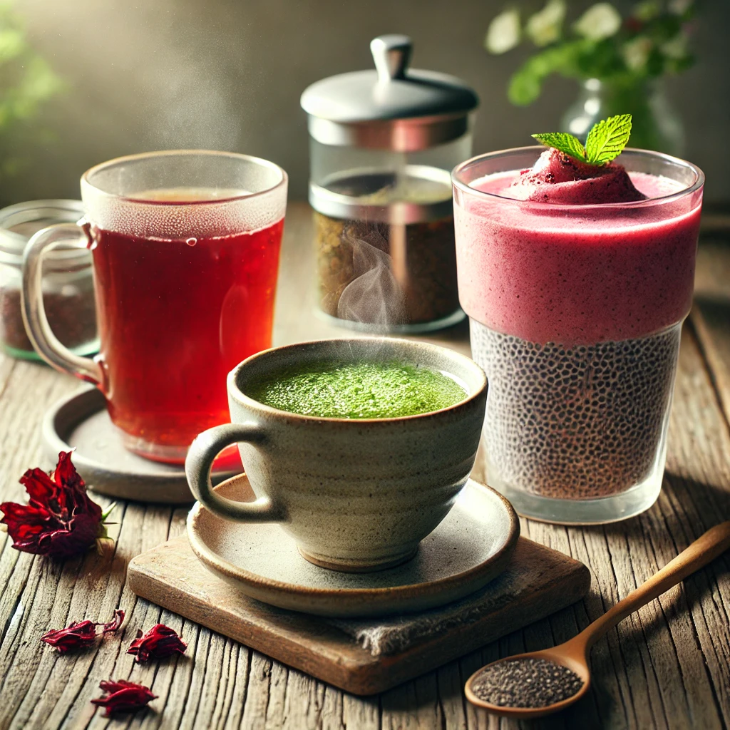 히비스커스티. 치아씨드스무디. 녹차